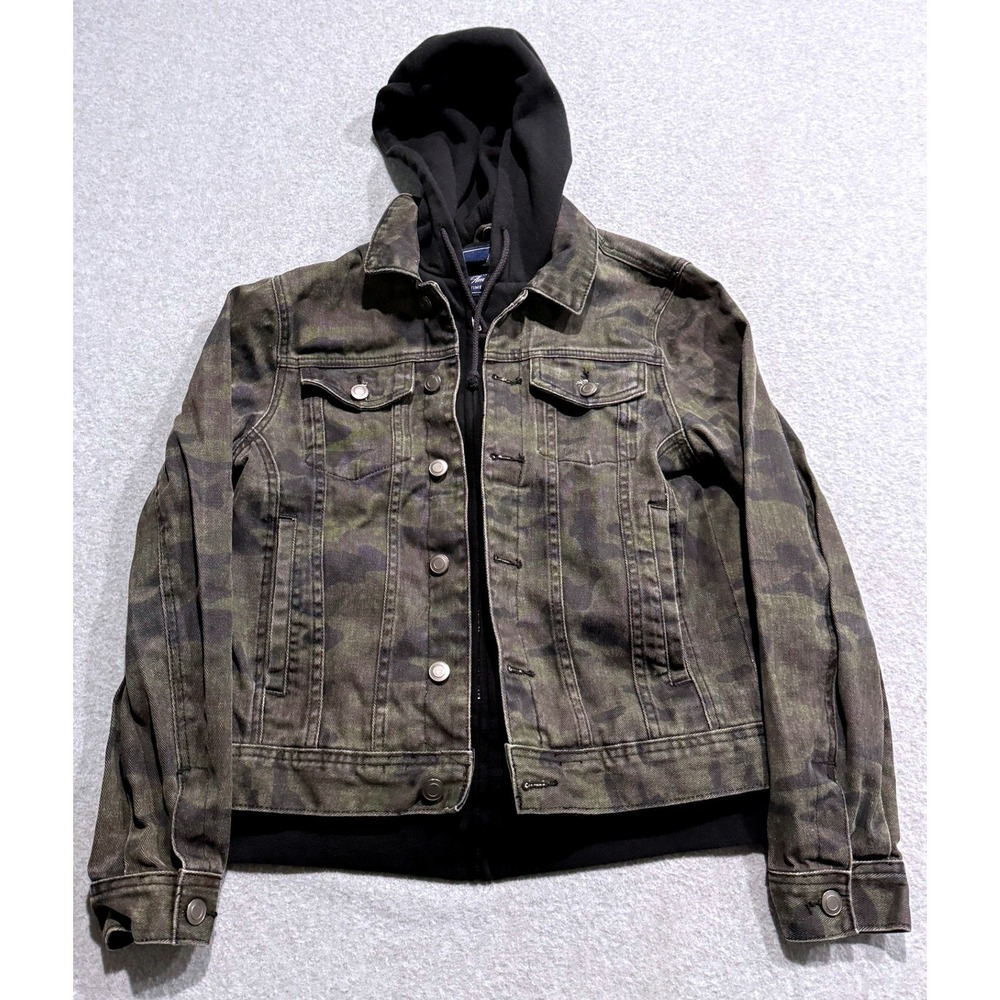 American Rag Mens Camo Denim Jacket Hooded Layered Look Trucker Green Brown Sz M